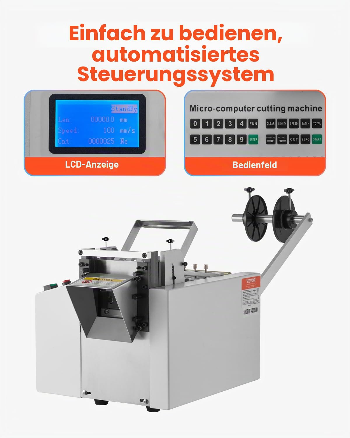 VEVOR Automatischer Schrumpfschlauchschneider, Kabelrohrschneidemaschine mit 1–85 mm Schnittbreite, 0,1–99999,9 mm Länge, Rohrschneider für Schrumpfschläuche, Fiberglasrohre, Kabel, Wachsschläuche