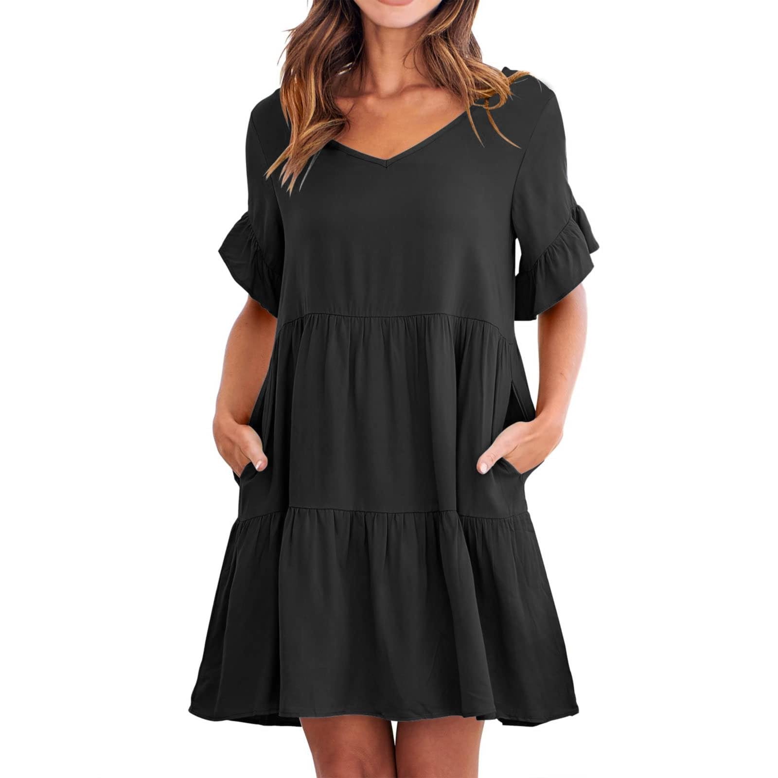 Damen-Sommerkleid lässig V-Ausschnitt geschichtet Rüschensaum Tasche A-Linie Mini-Swing-Strandkleid mit kurzen Ärmeln