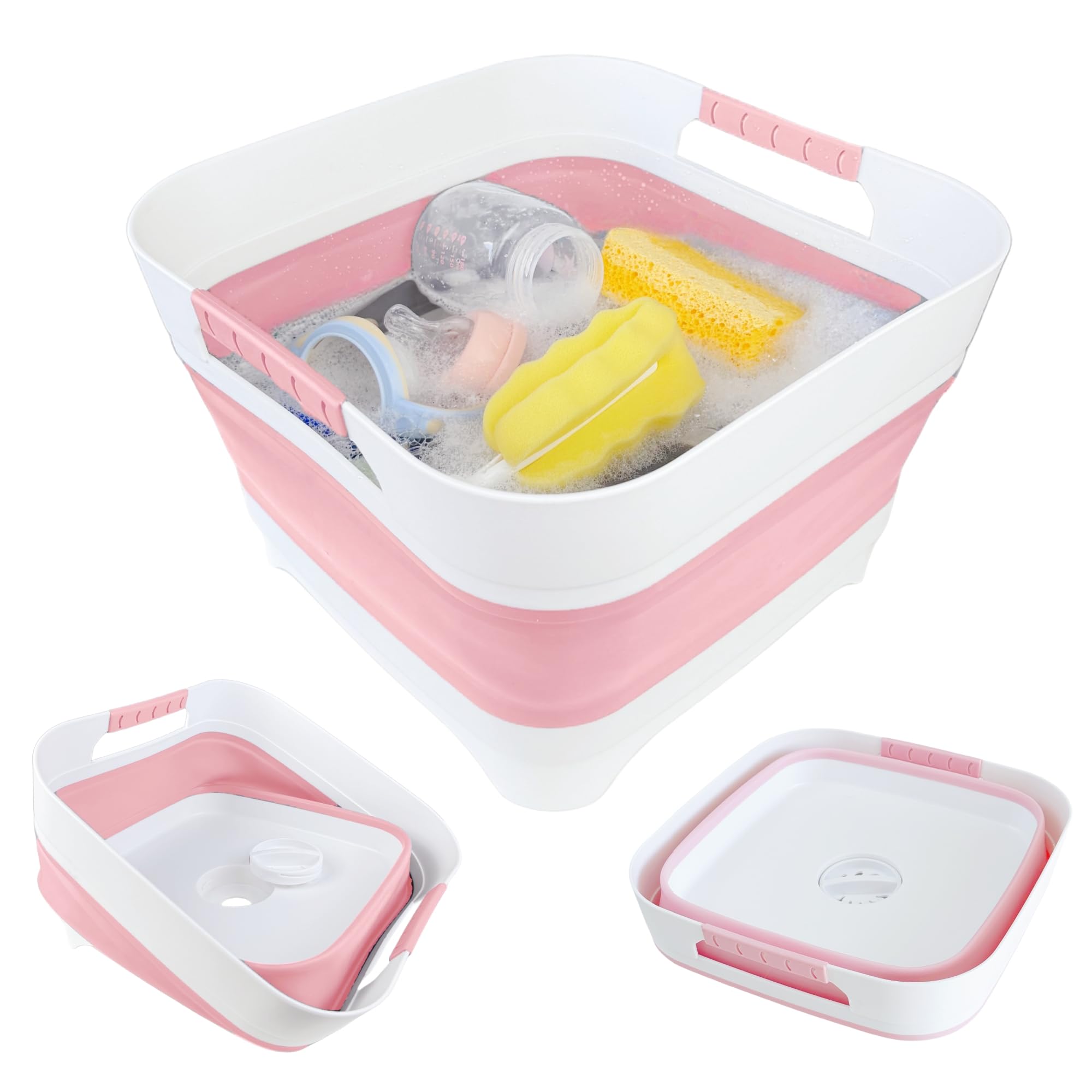 GIMWA Wash Basin for Baby Bottles, Foldable, Versatile Wash Tub for Kitchen, RV, Outdoor Camping Sink, Sturdy & Easy to Clean, Space saving plastic dish tub (Pink)