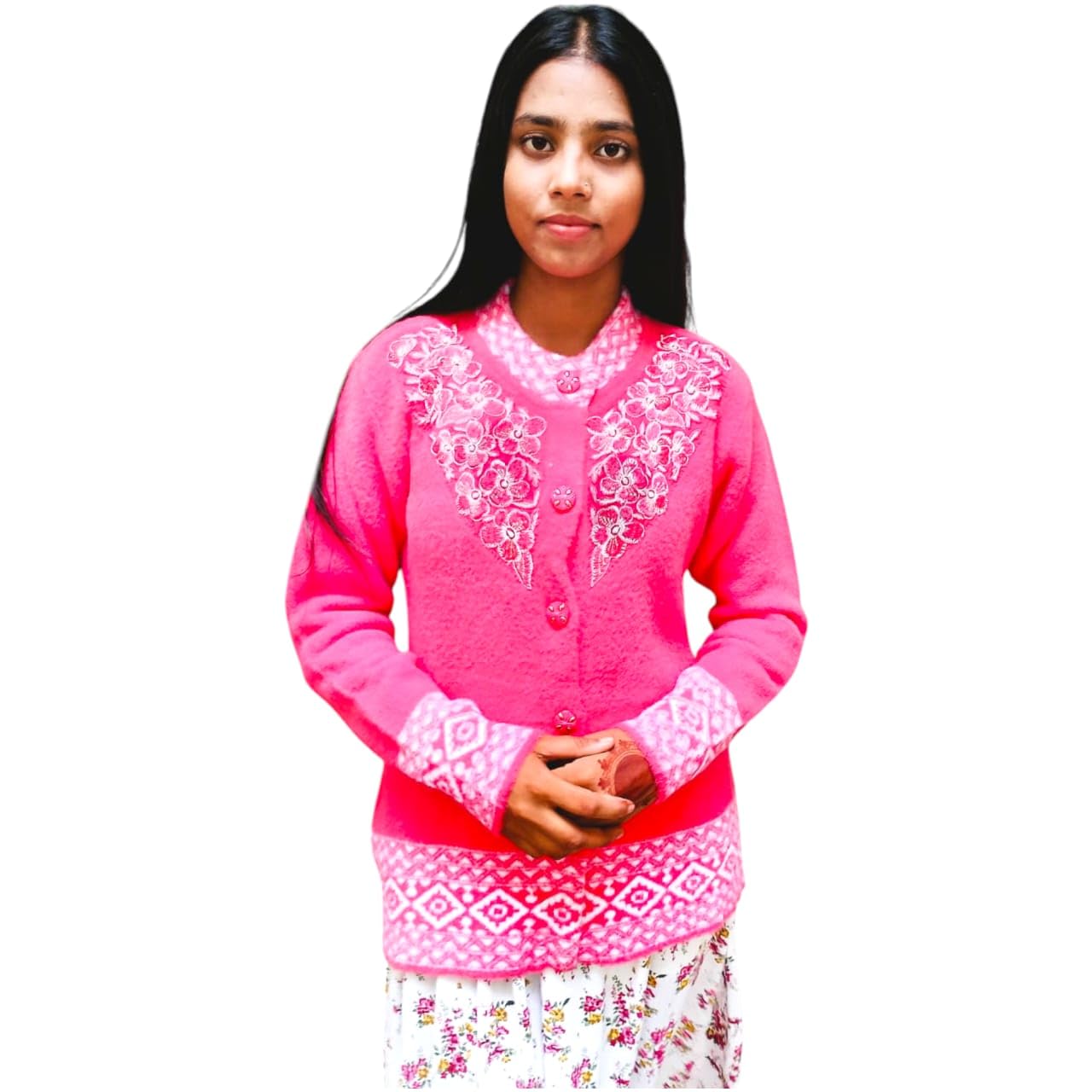 Radha Women's Pink Floral Embroidered Cardigan with Fair Isle Pattern, Long Sleeve-image-11