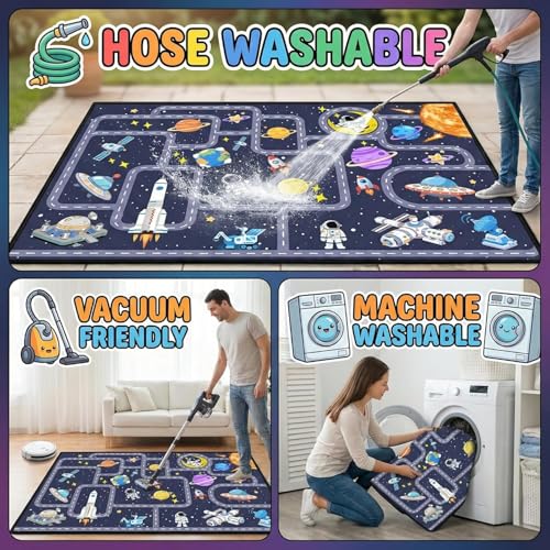 Image of Space Rug for Boys Room 3x5 Feet, Solar System Kids Rugs for Bedroom, Non Slip Galaxy Play Mat, Educational Planet Carpet with Track for Playroom Nursery Classroom Decor