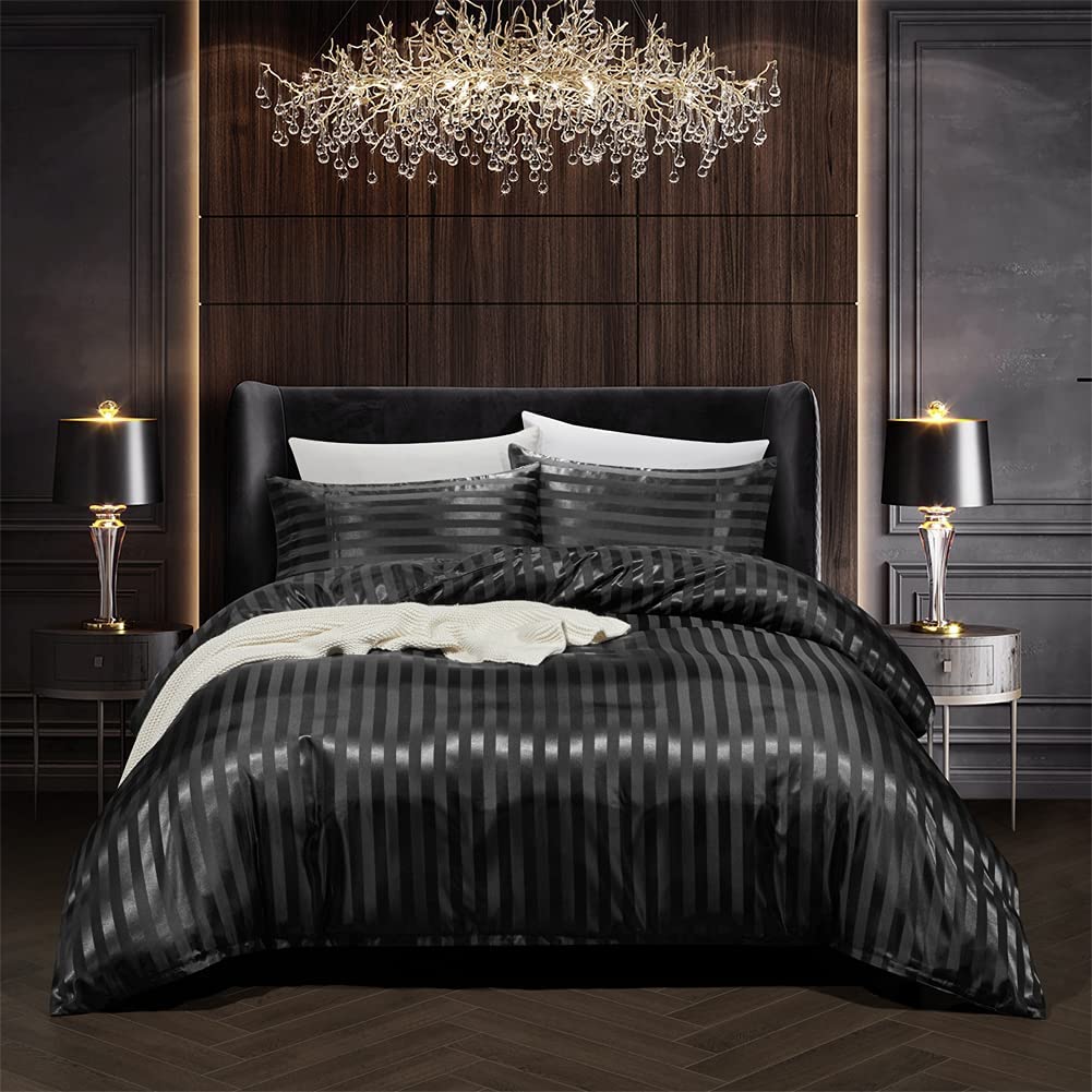 Juego de ropa de cama, negro, 240 x 260 cm, para adultos, satén, a rayas, para cama doble, satén, negro, monocolor, seda, lisa, brillante, juego de ropa de cama con cremallera y 2 fundas de almohada