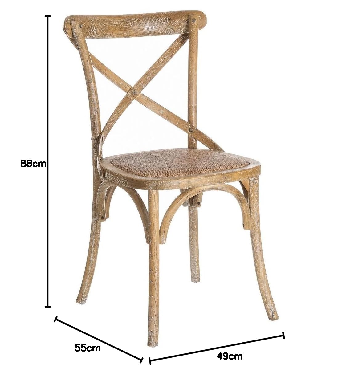 4 sillas de comedor Aspas de madera de olmo marrón y asiento de ratán | Respaldo cruzado. Diseño icónico retro. Asiento de ratán trenzado en tono natural. Patas con topes antiarañazos. No apilable.