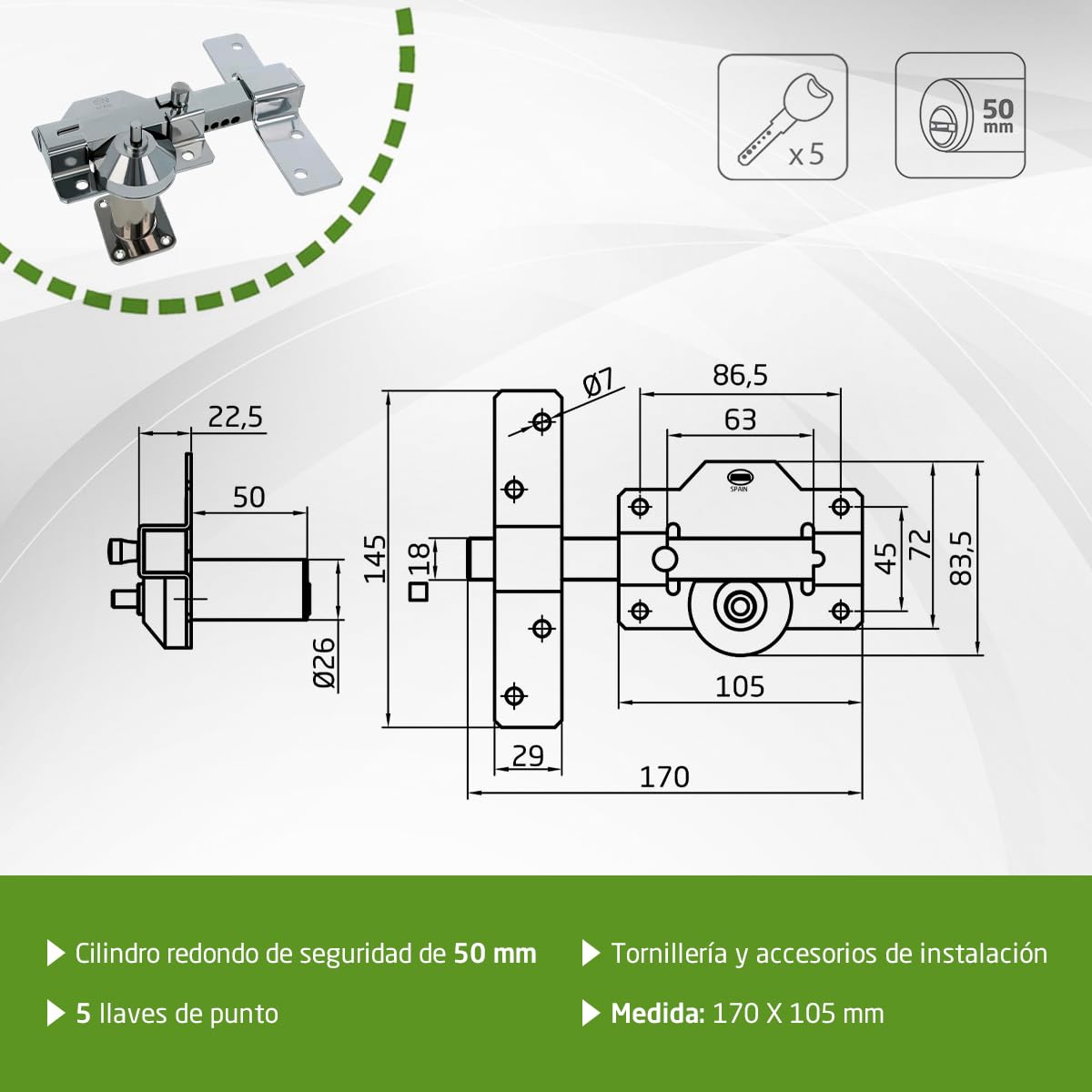 Amig - Cerrojo de Seguridad con Cilindro Redondo – Alta Resistencia a Extracción – Incluye 5 Llaves – 153 x 88 mm - Cerradura de Sobreponer - Acero - Cilindro 50 mm - Plateado