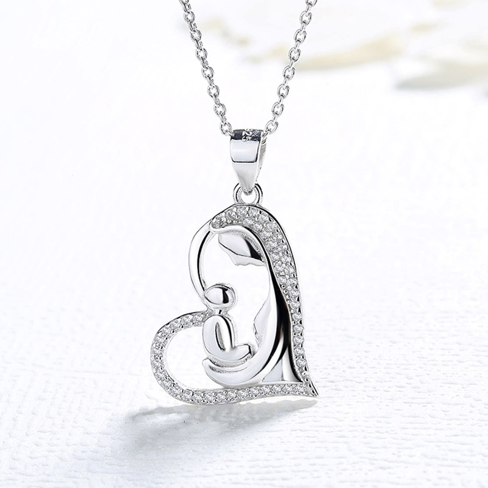 Collar de 14 quilates, collar con colgante de corazón de diamante para madre y niño, 2.66x1.64CM, Vidrio Cuero, Diamante