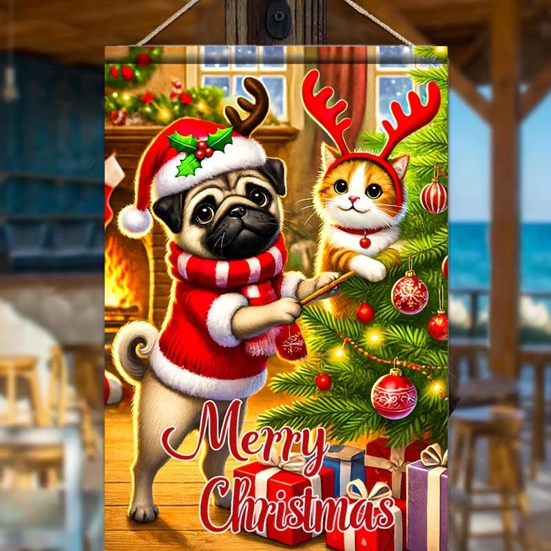 Image of BlissYard Christmas Pug and Cat Garden Flag 12x18 Inch Double Sided Merry Christmas Yard Banner Festive Pug Dog and Cat With Antlers by Christmas Tree Holiday Outdoor Lawn Porch Patio Pathway Seasonal Home Decoration