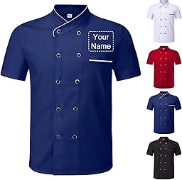 Veste de Cuisine Homme Personnalisable avec Nom Brodé Manches Courtes, Blouse de Travail Restaurant Unisexe, Tenue Cuisine Femme Professionnelle pour Hôtel Boulangerie Traiteur