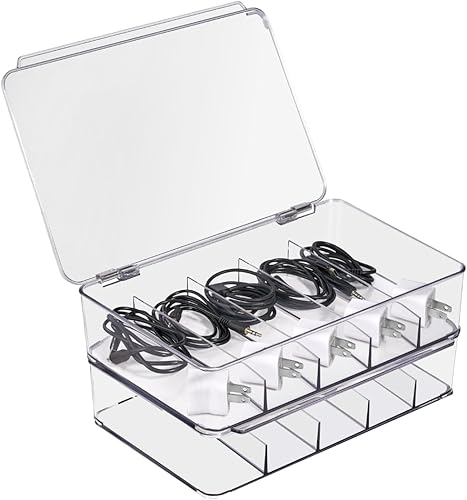 Miniatura 1 de Sorbus Caja de almacenamiento organizadora de cables transparente, paquete de 2 soluciones de gestión de cables de plástico duradero con 5 divisores