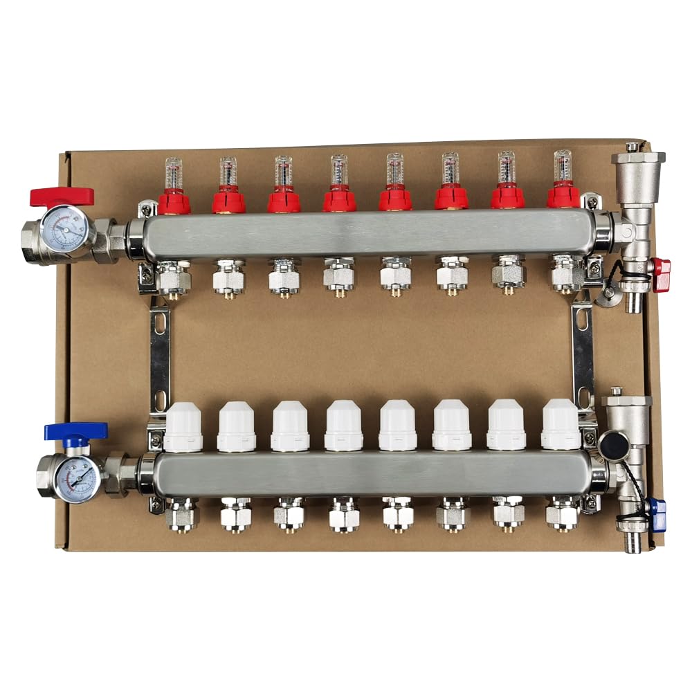 Radiant Heat Pex - Colector Pex de 8 bucles, 1/2 pulgada, tubo Pex de acero inoxidable, tubo Pex de 1/2 pulgada, juego de calefacción de suelo radiante con medidores de flujo
