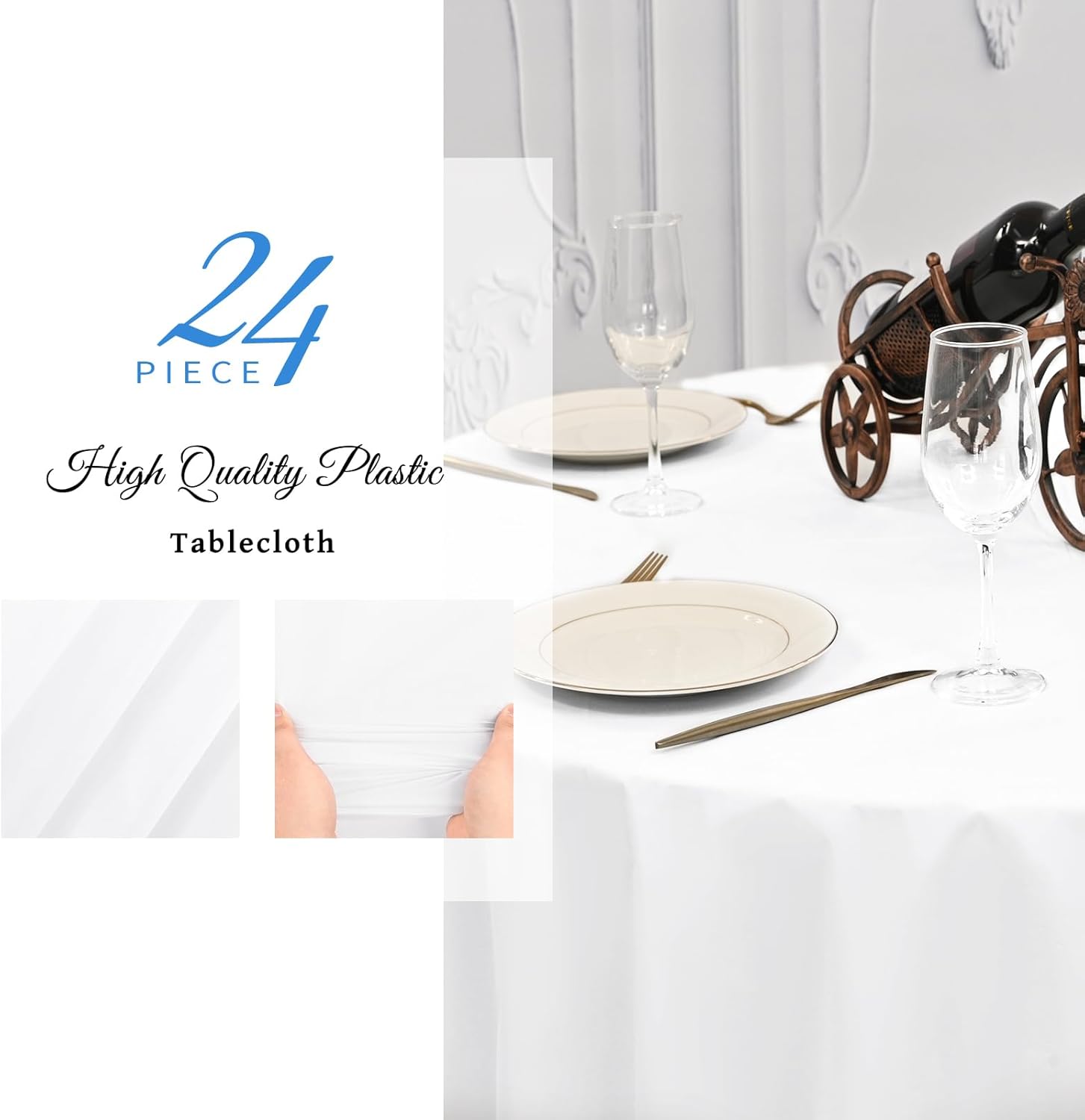 YMHPRIDE 24 Pack - Plastic Table Cloth Disposable, 60'' Tablecloth for Round Tables, White Disposable Table Cloths for Parties, Picnics, Camping, Waterproof & Stain-Resistant