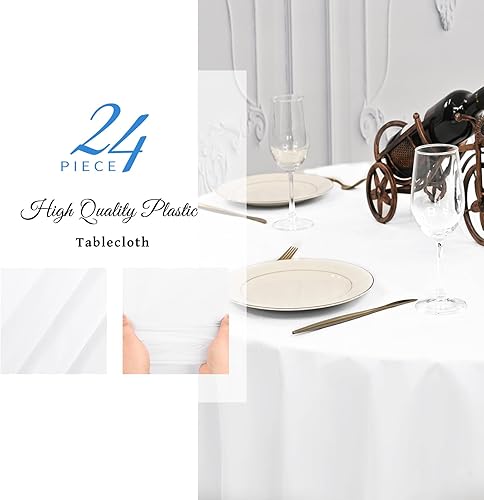 Miniatura 5 de YMHPRIDE Paquete de 24 manteles redondos blancos, manteles desechables de plástico blanco de 84 pulgadas, manteles de plástico blanco para fiestas,