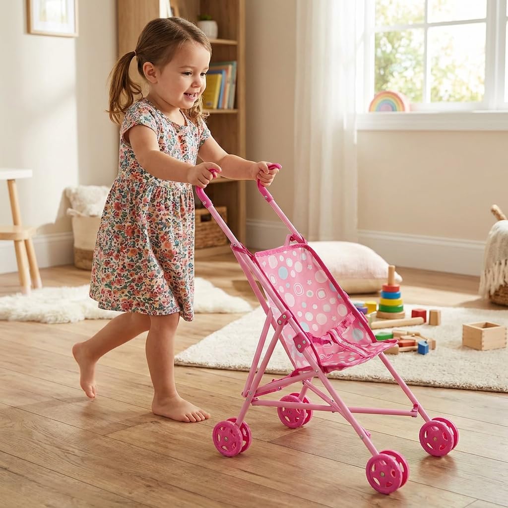 Passeggino per Bambole Pieghevole a Ombrello, Carrozzina per Bambole con Cintura di Sicurezza Integrata, Ruote Doppie, Leggero e Facile da Riporre, Giocattolo per Bambine