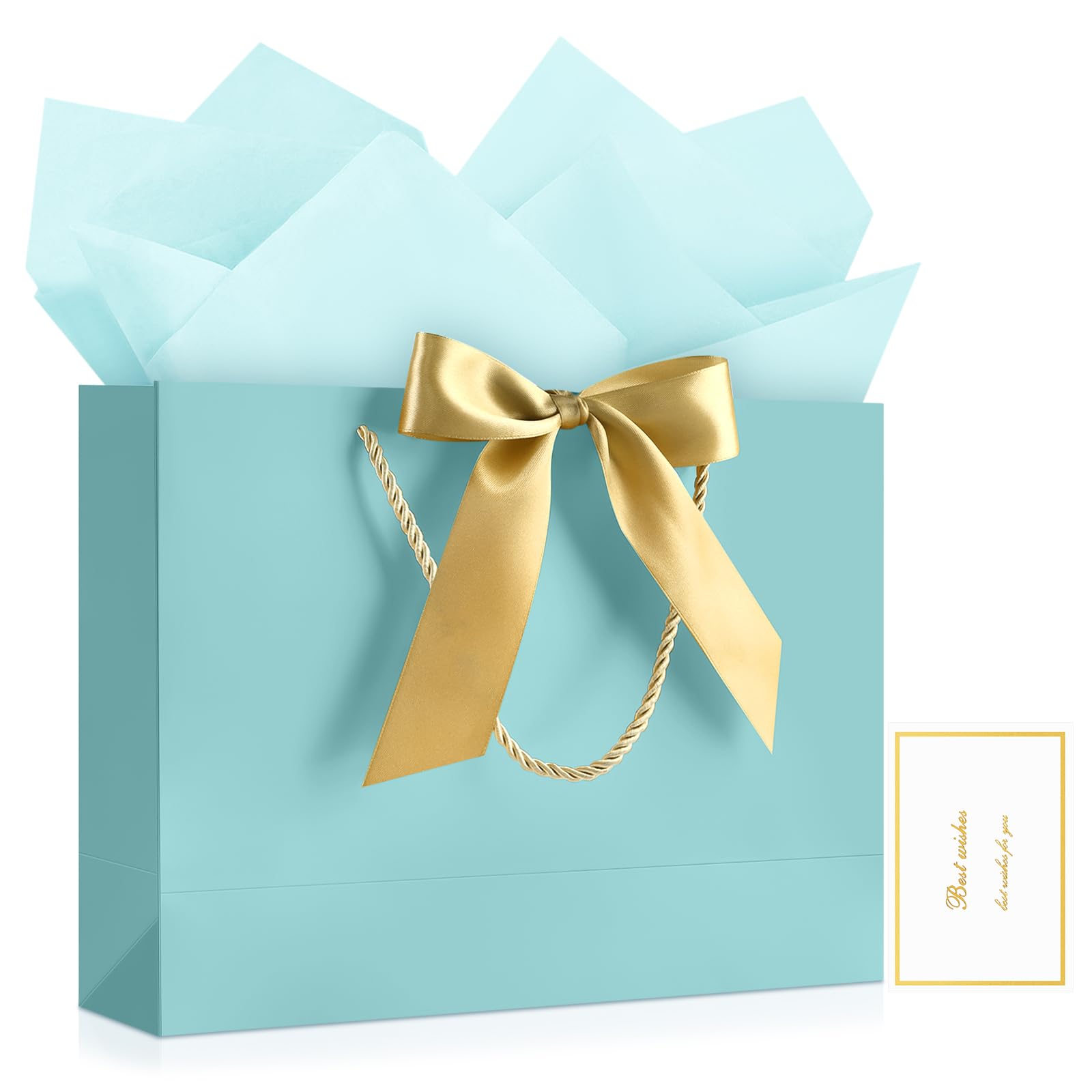 YoungTree Light Blue Gift Bag with Tissue Papers and 1 Greeting Card Ribbon, Portable Paper Gift Bag with Handles, Birthday Gift Bags,Present Bags for Wedding Party Supplies,12.6" x 9.8" x 4.3" — image 1