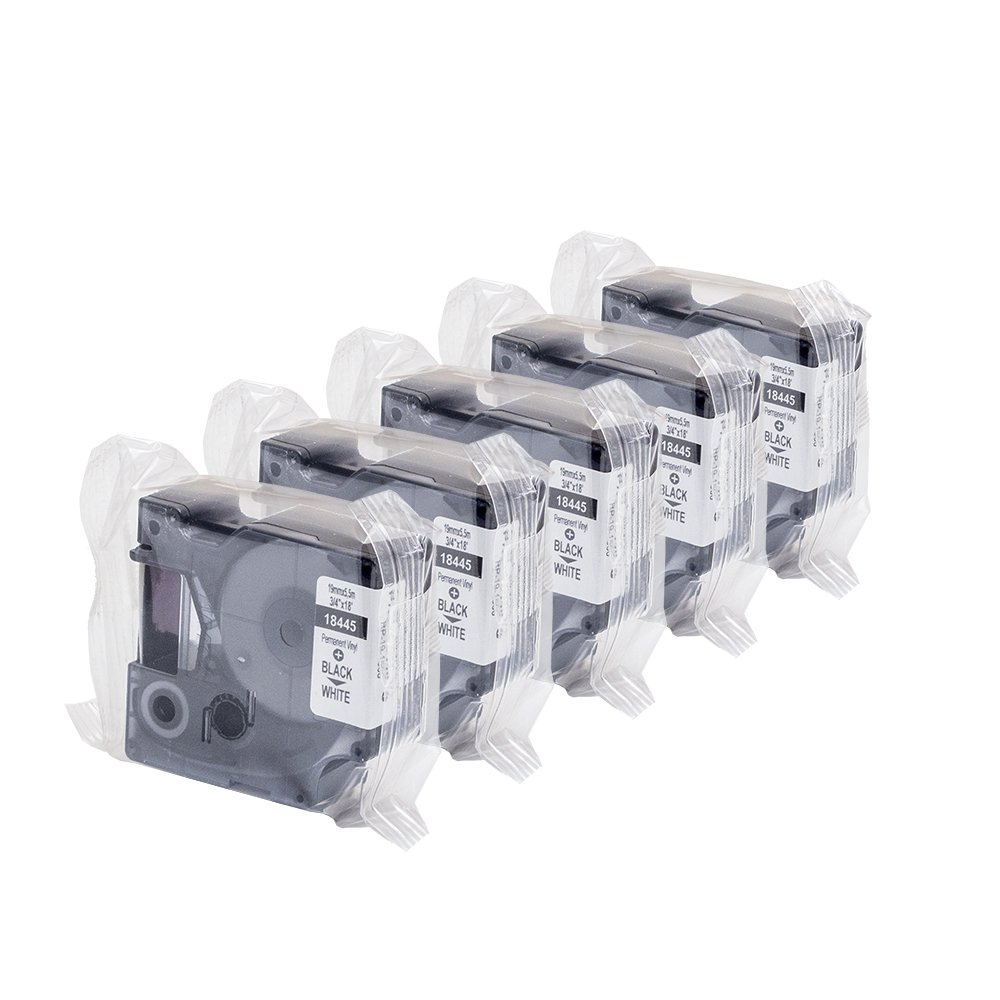 Dymo 18445 Rhino - Etiquetas industriales de vinilo, autoadhesivas, rollo de 19 mm x 5,5 m, impresión en negro sobre blanco + bolígrafo PaperMate