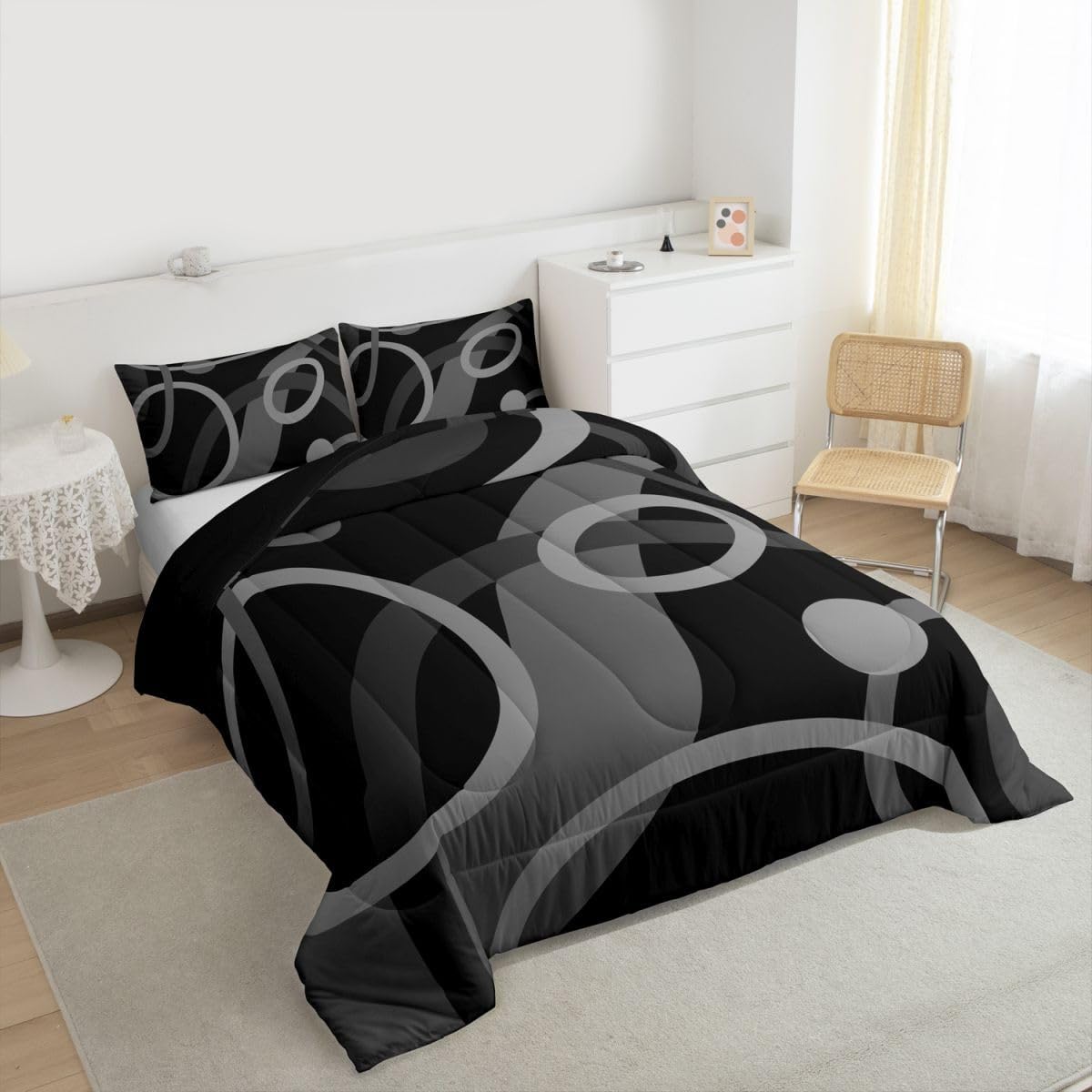jejeloliu Grey Lines Bedding Set Queen Size Kids Geometri Circle Lines Comforter Set Abstract Art Comforter for Room Decor Black Grey Duvet Set with 2 Pillow Cases