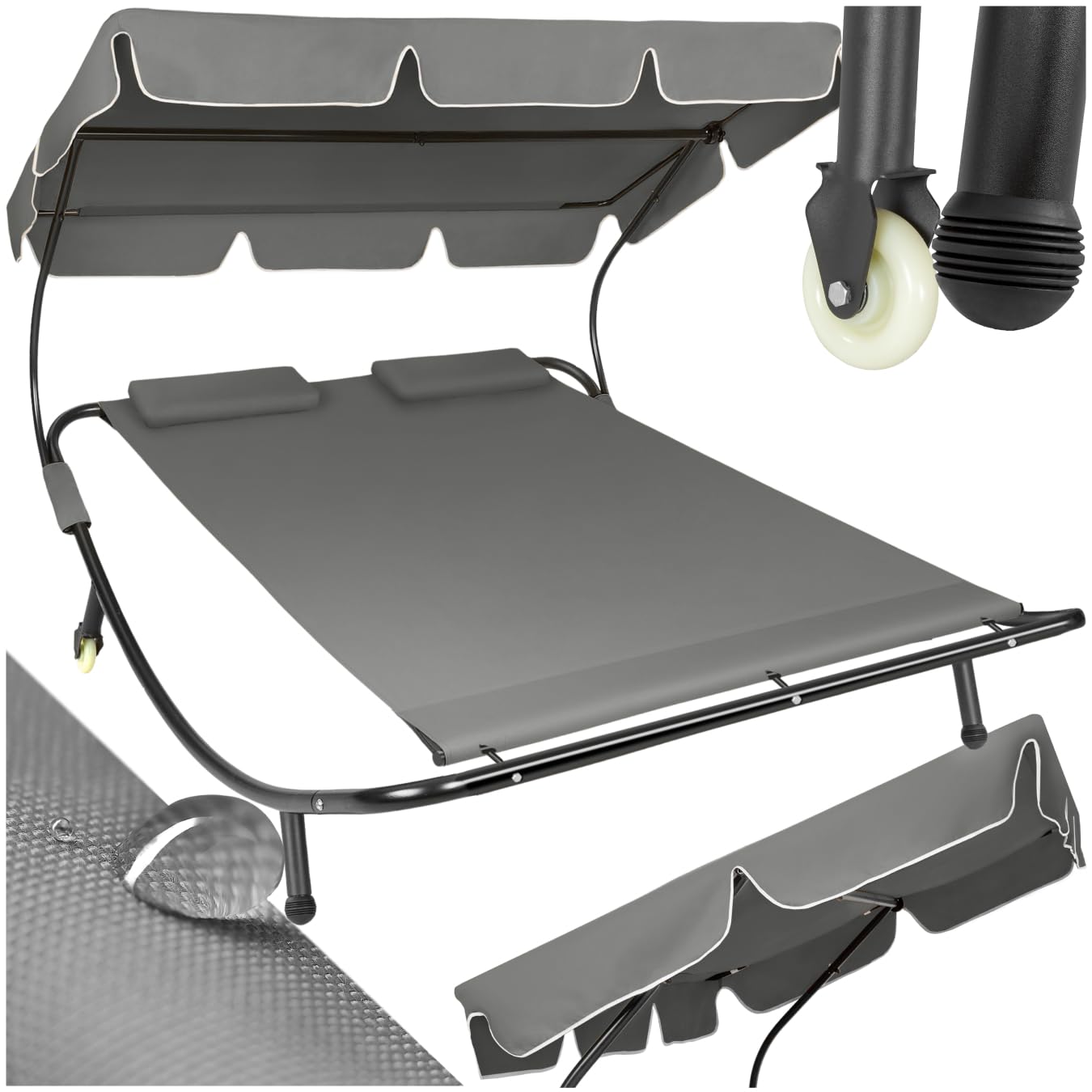 tectake® Tumbona Doble de Jardín, Tumbona de Playa con Parasol Plegable, Tumbona de Piscina para Dos, Tumbona Jardín Exterior con 2 Ruedas y Cojines, Fácil Montaje, Interior y Exterior - Negro/Gris