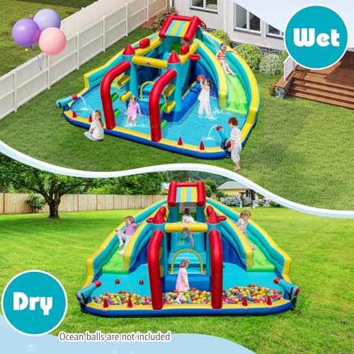 COSTWAY Inflatable Water Park, Giant Kids Bouncy Castle Jumper House with Dual Slides, Obstacle Course, Water Cannons, Climbing Wall, Splash Pool, Ring Toss, 473 x 370 x 221cm (without blower) - Image 8