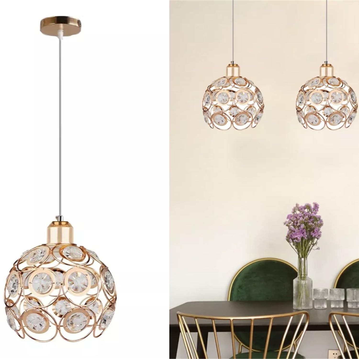 KEPHTH Crystal Pendant Light，Adjustable Vintage Farmhouse Hanging Light Fixtures with Metal Caged E27 Base for Kitchen Island Dining Room Living Room, Black (Gold)