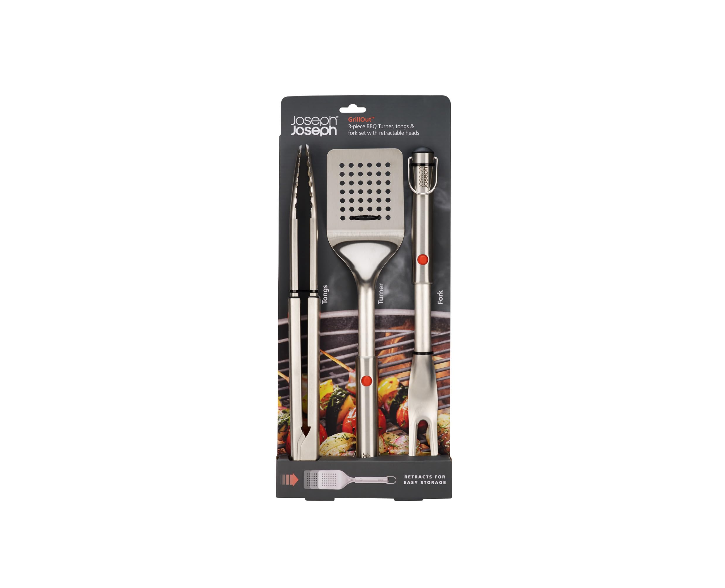 Joseph Joseph GrillOut Set de Utensilios para Barbacoa en Acero Inoxidable, 3 Piezas Pinzas, Espátula y Tenedor, Mango Retráctil