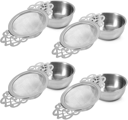 Picowe Paquete de 4 coladores de té, coladores de té plateados de acero inoxidable para té suelto de malla fina para boca de taza de 2.5 a 4 pulgadas