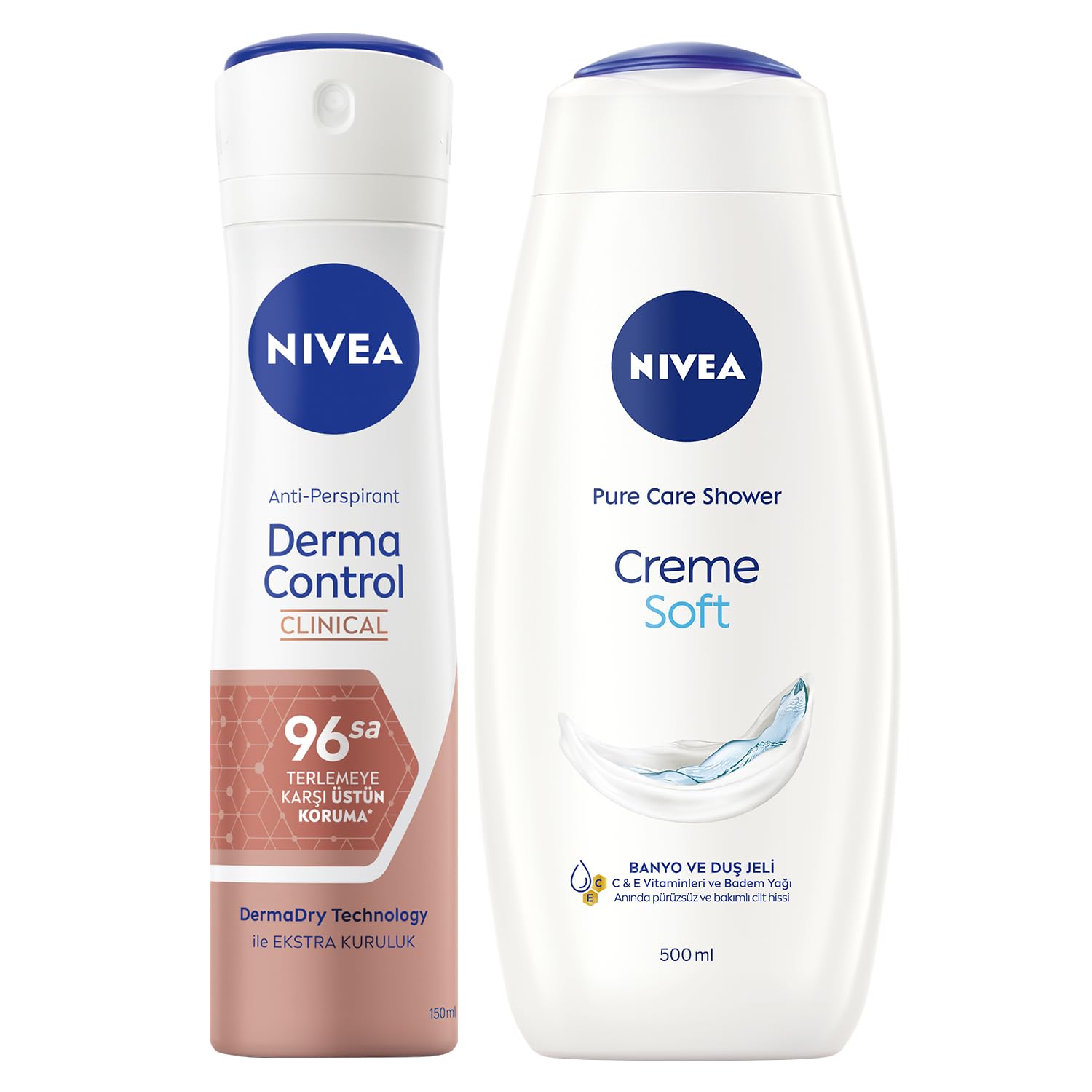 NIVEA Creme Soft Kremsi Dokunuş Banyo ve Duş Jeli 500 ml, Pro-Vitamin,Badem Yağı, Nemlendirme + NIVEA Derma Control Clinical Kadın Sprey Deodorant 150ml