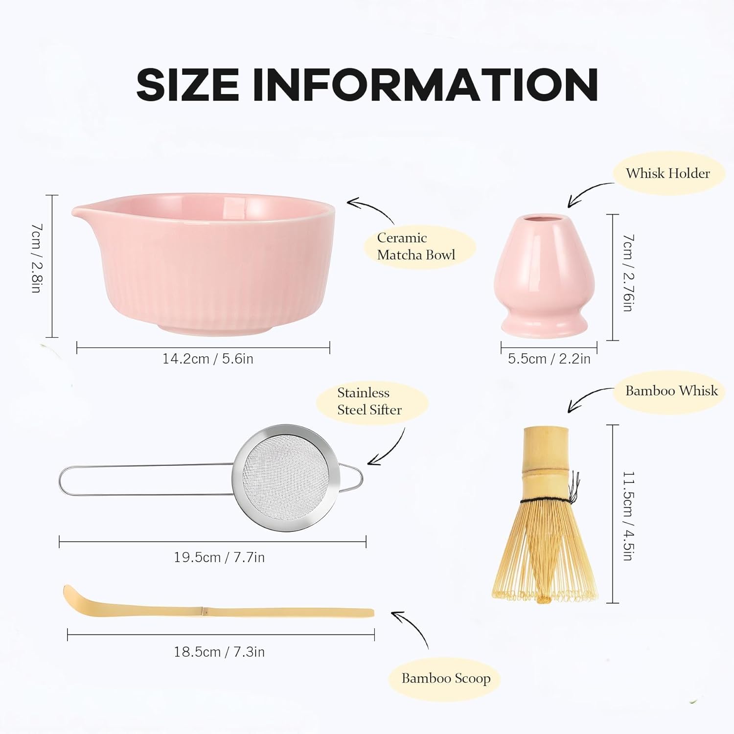 Pink Traditional Matcha Whisk Set, 5 Pcs Japanese Matcha Kit with Chawan Ceramic Bowl with Spout, Chasen Bamboo Whisk and Holder, Scoop, Sifter - Matcha Set Kit Gift for Ceremony Matcha Lattes Lover - Image 2