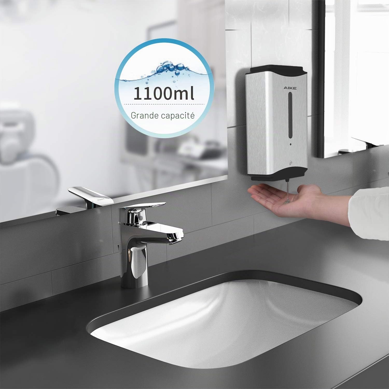 AIKE Distributeur de Savon Liquide Automatique Commercial Mural, 1100 ML en Acier Inoxydable, pour Toilettes, Salles de Bain et Cuisines, AK1206 (Poli)