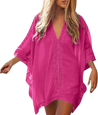 Womens Swimsuit Cover Up 3/4 Sleeve Beachwear Bikini Coverups Button Down Oversized Cover Up Shirts