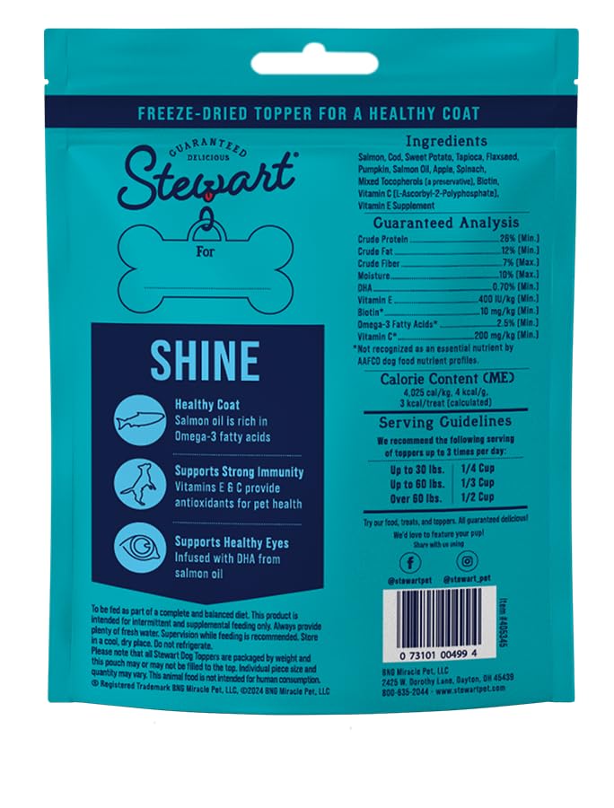 Stewart Freeze Dried Dog Food Topper, Shine, Salmon and Sweet Potato Recipe, 8 Ounce Pouch, Omega-3 for a Healthy Coat