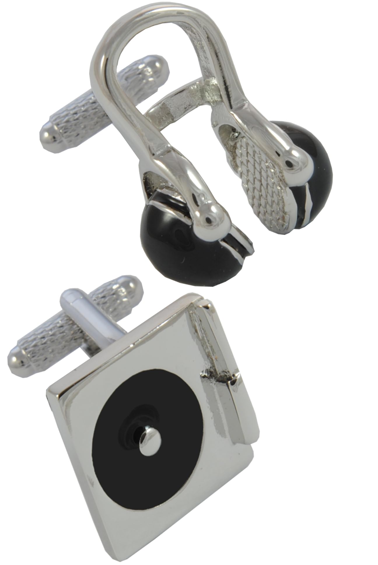 Gemelos Camisa Hombre Música - Con Caja - Gemelos para Camisas - Placa Giratoria Para DJ y Auriculares - Latón - Color Plata y Negro - Un Par