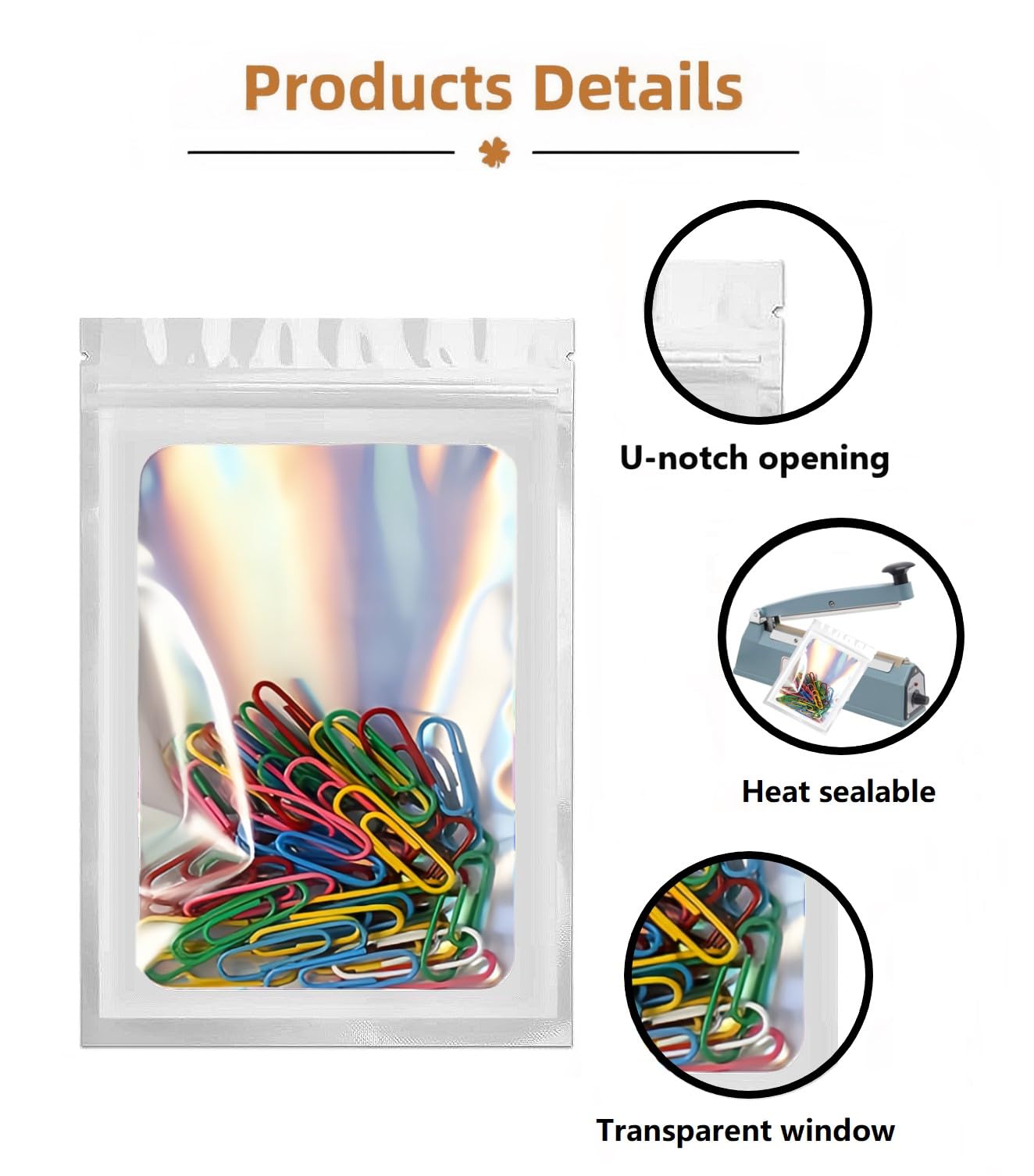 Rimiko 50pcs Mylar Bags, Aluminum Foil Sample Bags, Resealable Holographic Pouches (White, 6.3"x9.4"), Holographic White - Image 3