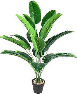 VRB Dec Plastic 1 Pcs Artificial Plants with Pot Plants Leaves Tree Tropical 12 Palm Leaves Faux Areca Palm Plants Indoor Real Touch Monstera Plant for Home/Decor (Banana Plant with Pot), Black