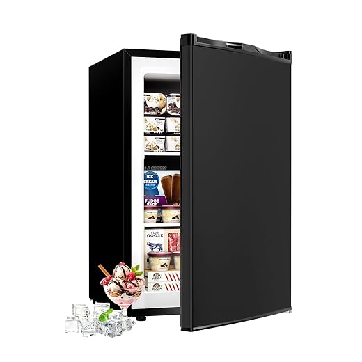 3.0 Cu.ft Upright Freezer - Compact Mini Freezer with 7 Adjustable Thermostat, Removable Shelves, Reversible Single Door, 360°Uniform Cooling Small freezer for Home Office Kitchen Dorm, Black
