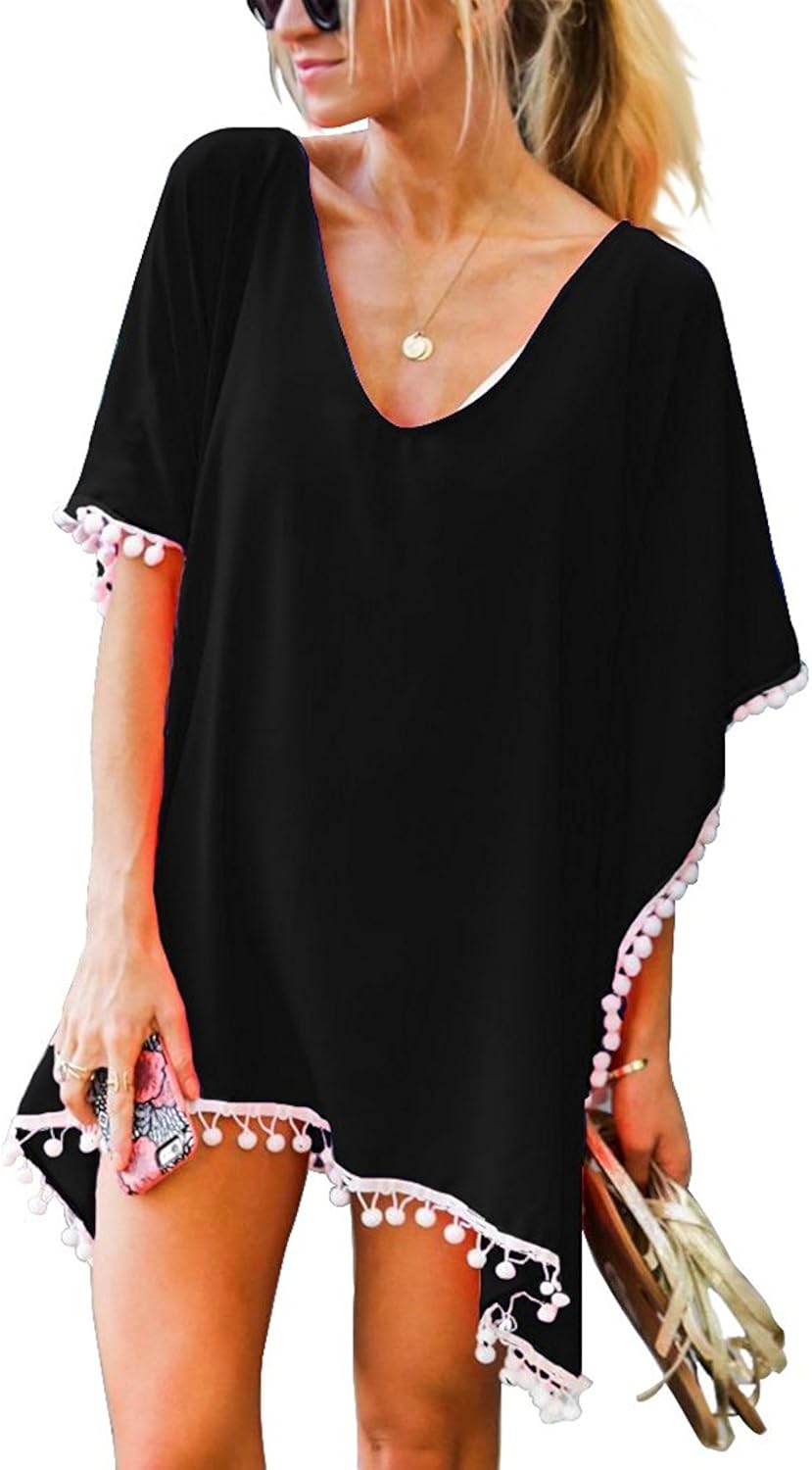 Garsumiss Women Chiffon Tassel Swimsuit Cover up Beach Bikini Stylish Bathing Suit