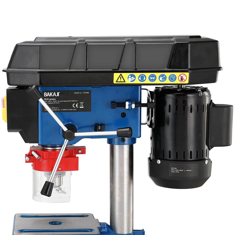 Bakaji Trapano Elettrico a Colonna da Banco Potenza 350W Velocita 1450rpm Regolabile con Mandrino 13mm Arresto di profondità e Piano a Forare Regolabili Ampia Base con Fori di fissaggio