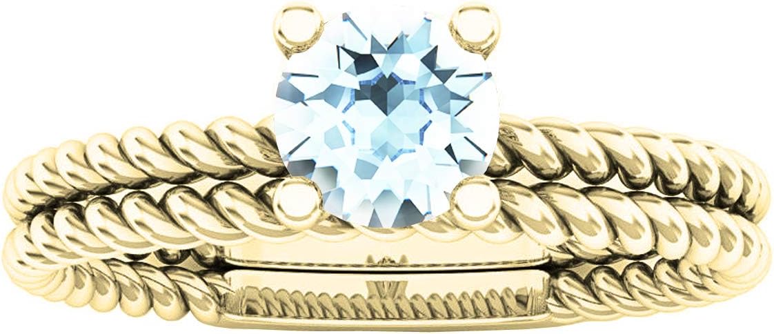 Dazzlingrock Collection 10K 5 MM Round Aquamarine Women Bridal Rope Ring Set, Yellow Gold, Size 6