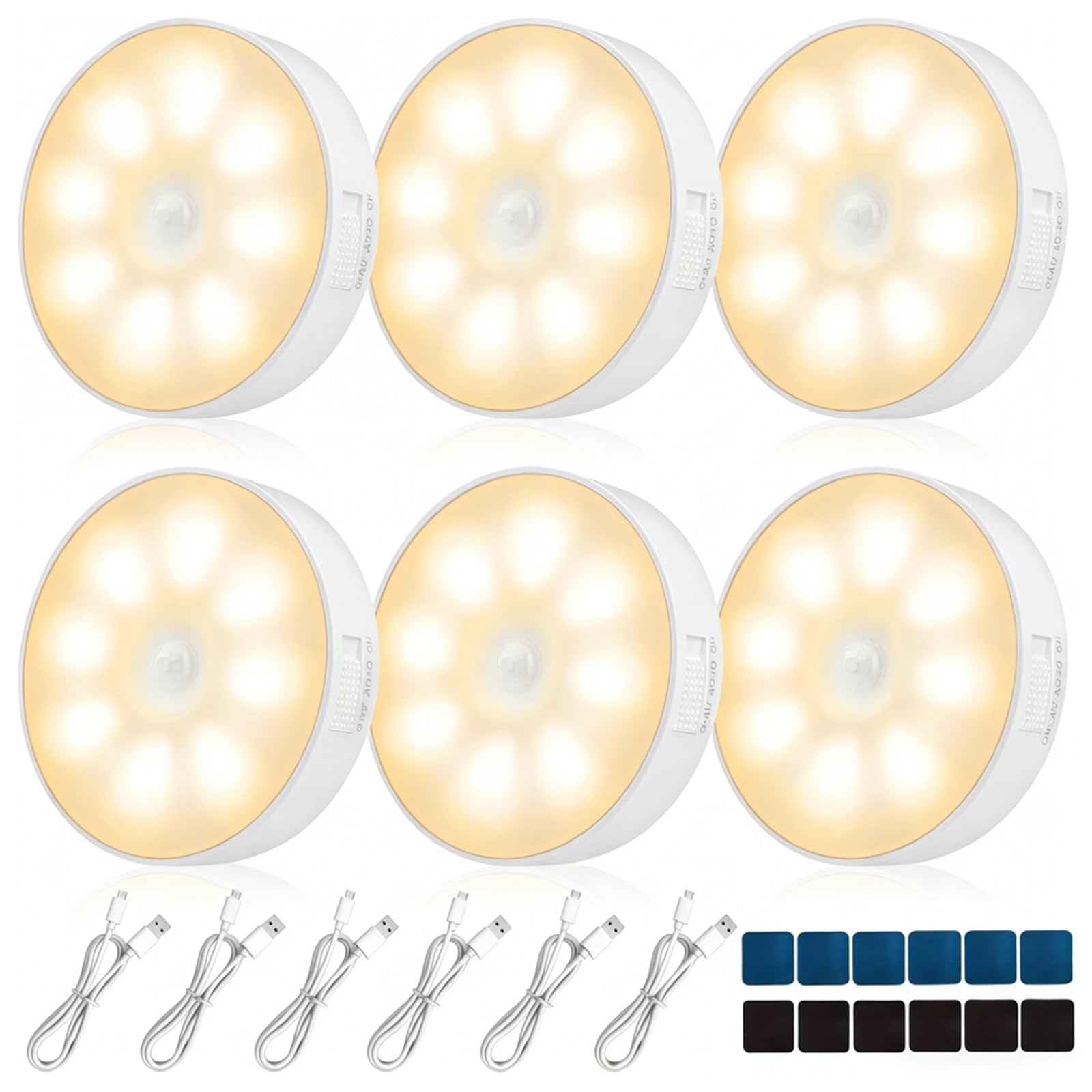 6 Pack Motion Sensor Lights Indoor, USB Rechargeable Wireless Wall Light with Auto/On/Off, 8 LEDs Removable Wall Led Puck Light for Stairs Corridors Kitchen Under Cabinets (Warm White)