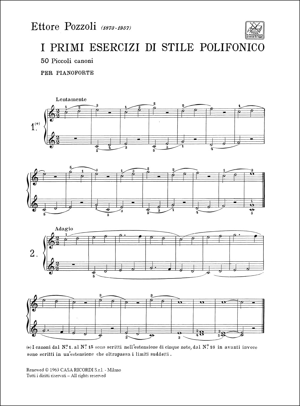 Primi Esercizi di Stile Polifonico 50 Piccoli Canoni per Pianoforte Pozzoli Metodo Progressivo Spartito Didattico