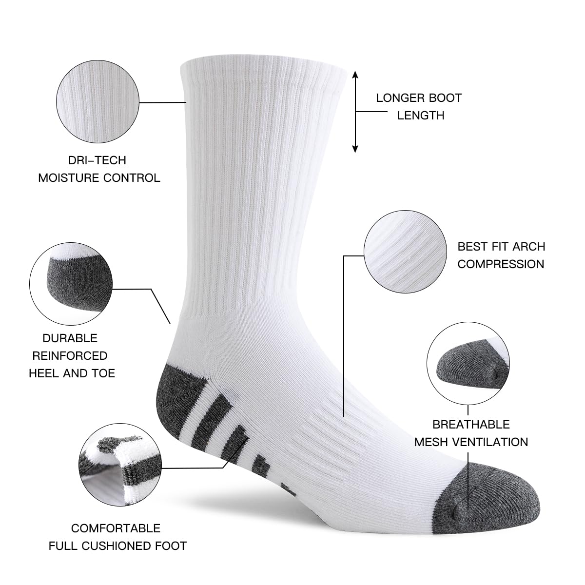 JOYNÉE 8 Pairs Mens Crew Work Cushion Socks Long Athletic Running Socks Workout Breathable Socks,White,Sock Size:10-13