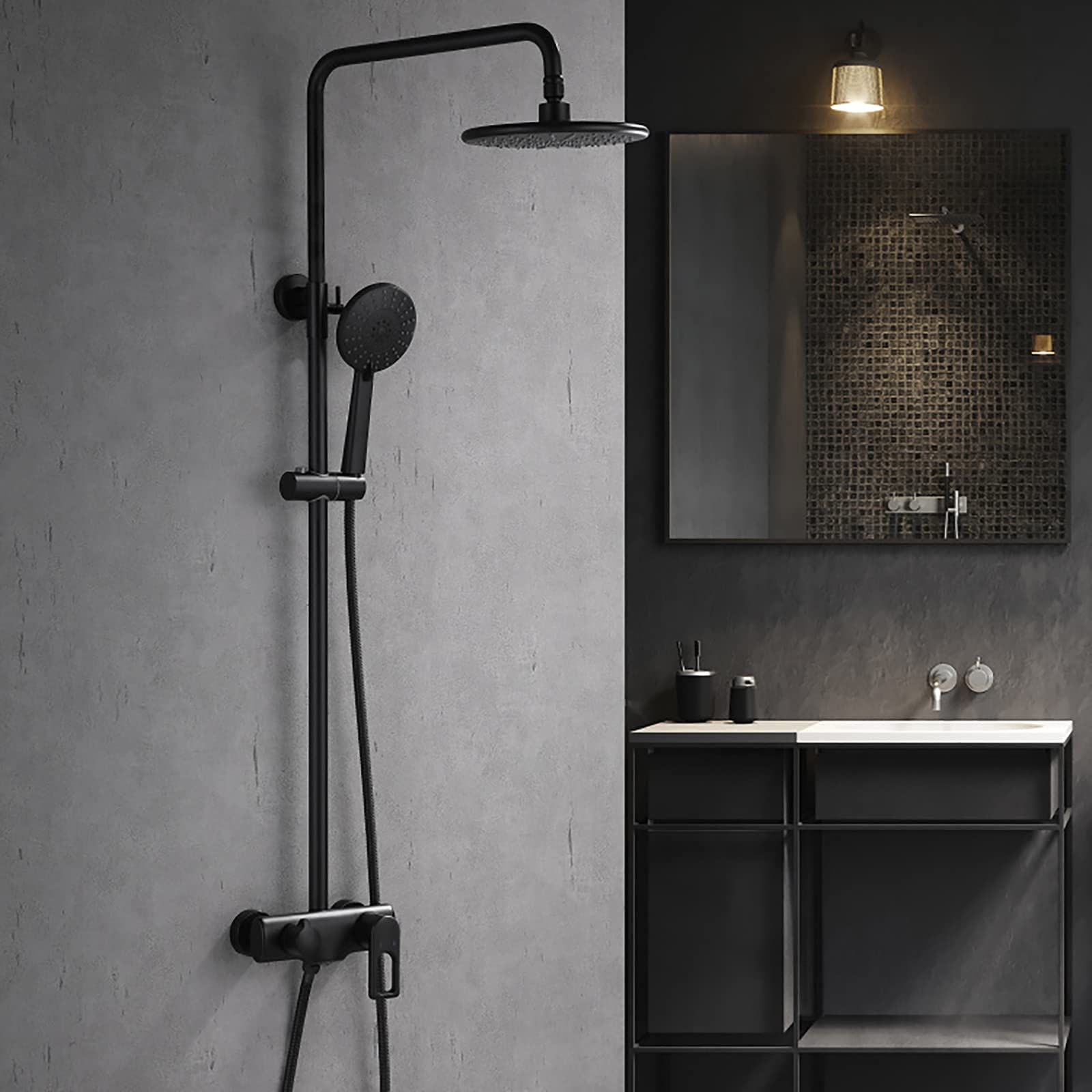Set Doccia Combinato a Maniglia Singola, Rubinetto Doccia a Parete per Bagno con soffione da 25 cm, doccetta Multifunzionale, Rubinetto per Vasca da Bagno, Cromato,Black