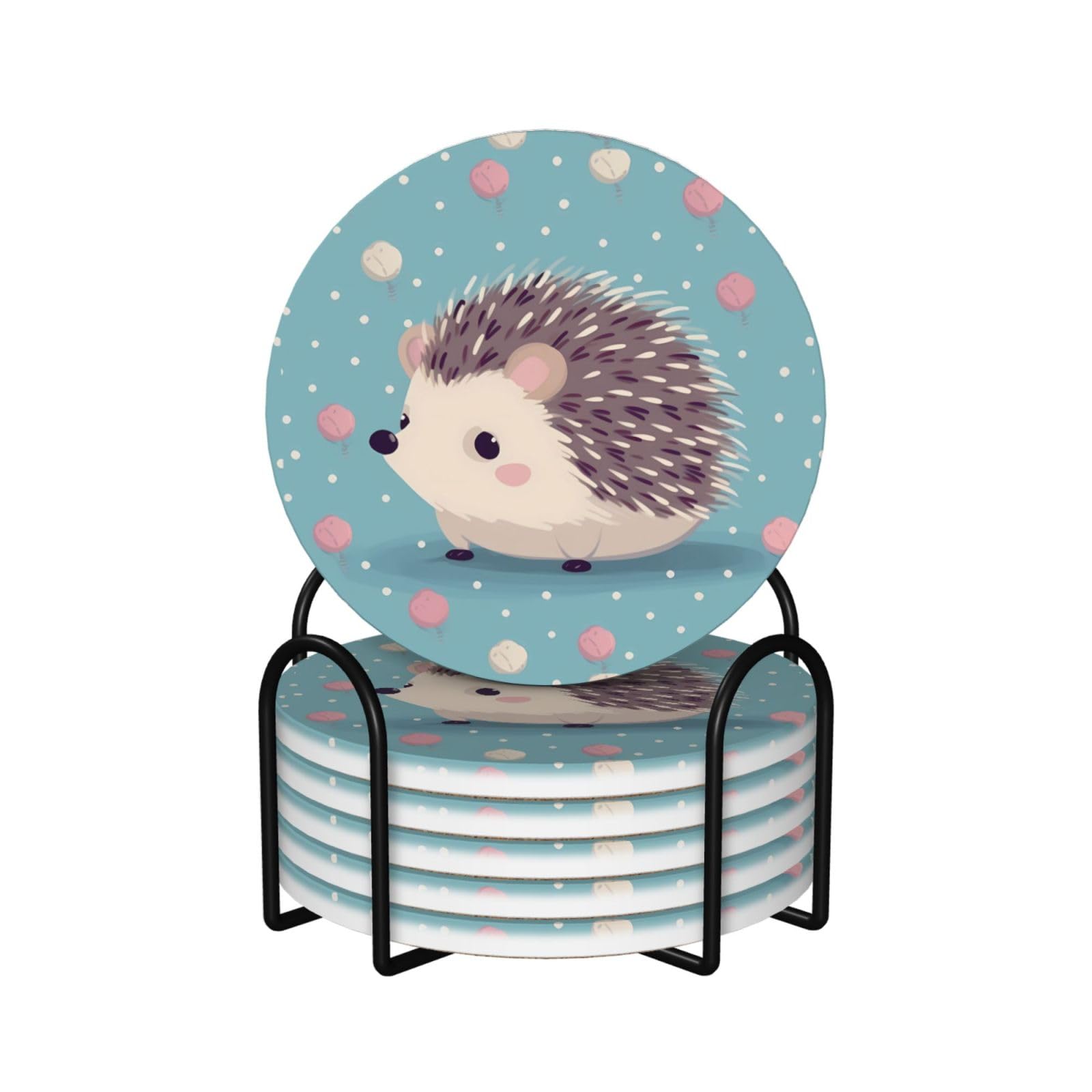 6Pcs Ceramics Coaster for Drinks, Hedgehog Polkadot Cup Coasters with Holder, Aesthetic Drink Coasters for Coffee Table, Absorbent Round Coaster for Tabletop Protection 4" Cup Mat Pad