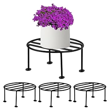 Pivalo Round Plant Stand Galvanised Metal Gamla Support Corner Rack Display Shelf Indoor & Outdoor Flower Pot Holder for Planters Home Garden Balcony Decoration (Pack of 4, Black) - image, photos
