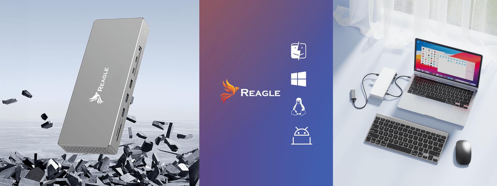 Reagle HUB USB-C 16 w 1 USB-C 2X HDMI, 1 x DP, 7X USB MST 4K60Hz stacja dokująca PD100W, LAN RJ45, Thunderbolt USB-C 3.2 10 Gb/sAudio 3,5 mm Micro SD TF 3.0
