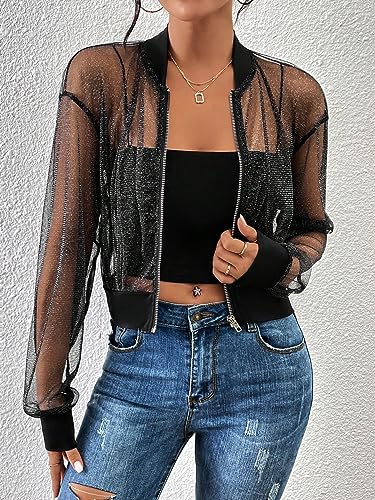 WDIRARA Women's Zip Up Glitter Mesh Bomber Jacket Drop Shoulder Long Sleeve Coats3