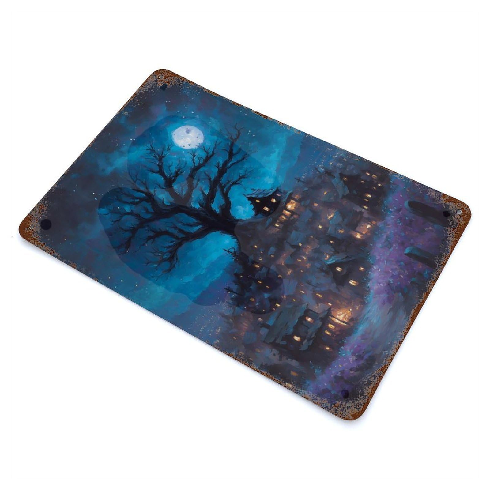 Eerie Village Under Moonlight Rusty Metal Tin Sign 11.8"x7.9", for Patio, Garden Room And Bar Decor, Old School Wall Decor