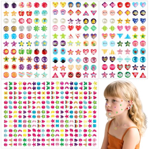 FEMBW 460PCS Sticker Earrings for Girls - 3D Gem Stick on Earrings 2-4-6-8 Self-Adhesive Glitter Crystal Stickers for Kids Toddlers DIY Crafts & Dress Up (Multiple Shapes & Colors)