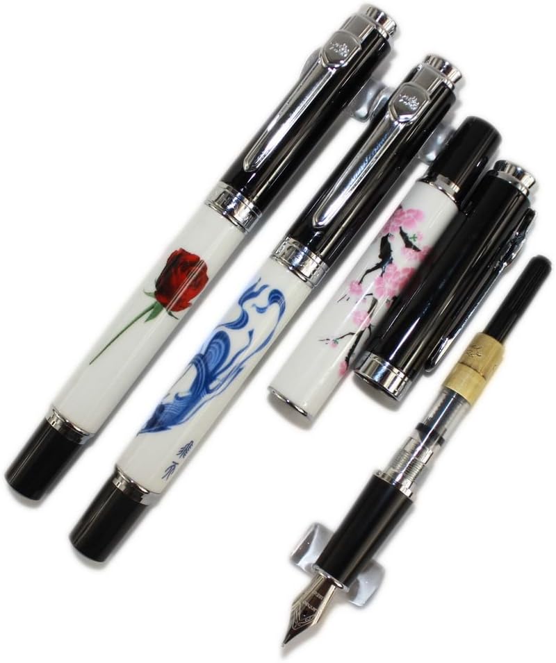 Gullor 3 Pcs Medium Fountain Pen 8802 White and Black,silver Clip,three Pattern