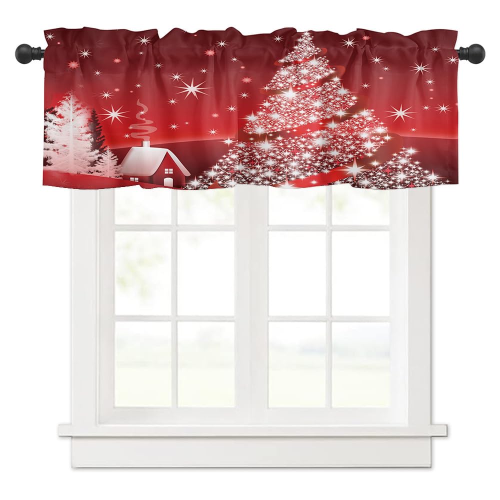 Surwin Cortinas Cortas Ventanas Cocina Cortina de Bistró de Navidad Roja Puerta Cocina para Ventana, Comedor, Cafetería, Balcón, Dormitorio,Decoración del Hogar (137x45cm,árbol de Navidad Brillante)
