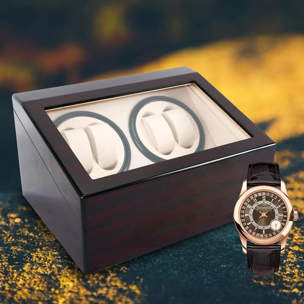 Scatola carica orologi automatica, 4 orologi + 6 spazi extra, in pelle PU, caricatore automatico per orologi automatico, per esterni in legno di sandalo e interni bianchi