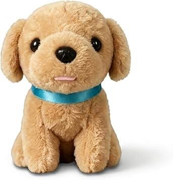 Cute Golden Puppy Plush Stuffed Dog Toy with Blue Collar, Soft and Cuddly